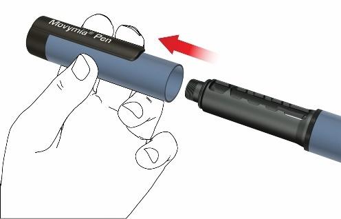 Movymia Pen con cappuccio protettivo rimosso, ago in primo piano e freccia rossa che indica la direzione di inserimento