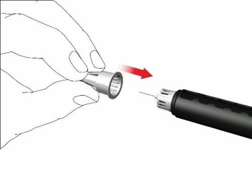 Penna per iniezione con ago avvitato e freccia rossa che indica la direzione di inserimento