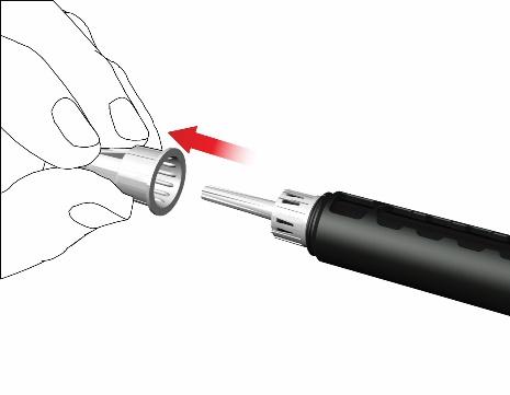 Ago della siringa che si inserisce in un adattatore grigio con freccia rossa indicante la direzione di connessione