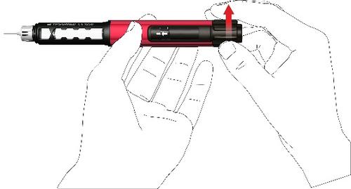 Mano che afferra un dispositivo per iniezione auto-iniettante rosso e nero con freccia rossa che indica la pressione del pulsante