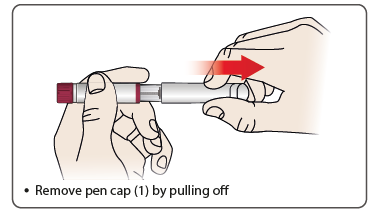 Mano che afferra una penna per iniezione con tappo rosso e freccia che indica la rimozione del cappuccio protettivo