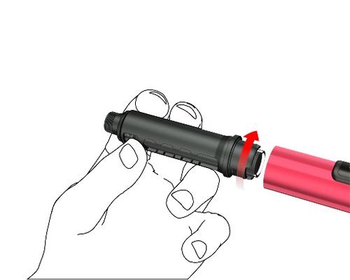 Mano che tiene un dispositivo medico nero e rosso con una freccia rossa che indica la direzione di rotazione