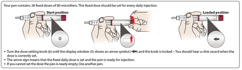 Penna per iniezione con indicazioni frecce per impostare la dose corretta e bloccare il meccanismo di erogazione