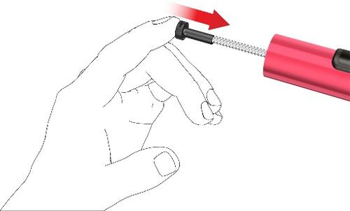 Mano che tiene una penna iniettabile rossa con ago estruso e freccia rossa che indica la direzione di iniezione