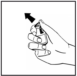 Mano che tiene un dispositivo medico cilindrico con un pulsante nero e una freccia indica la pressione