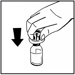 Mano che afferra il tappo di un flacone medicinale trasparente con freccia nera rivolta verso il basso