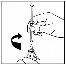 Siringa pre-riempita con ago protetto, mano che avvita il dispositivo di protezione e freccia curva che indica la rotazione