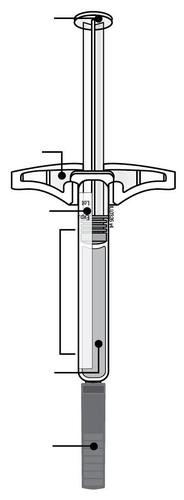Siringa pre-riempita con stantuffo trasparente e liquido medicinale visibile all