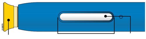 Siringa pre-riempita con stantuffo giallo e corpo blu, evidenziata una sezione trasversale con punto nero e linea di riferimento