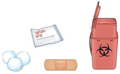 Bustina bianca, cubetti di ghiaccio, cerotto, tampone e contenitore rosso per rifiuti speciali con simbolo biohazard