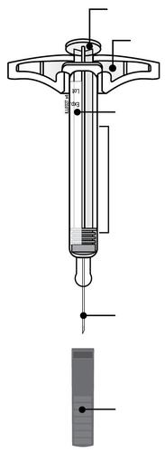 Penna per iniezione con indicazioni numeriche sul corpo, ago esposto e cartuccia inferiore con punto di riferimento