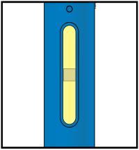 Dispositivo autoiniettante blu con stantuffo giallo e area grigia centrale per l