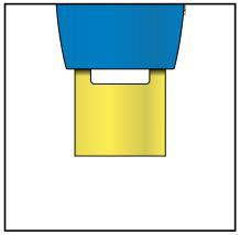 Dispositivo medico giallo con parte superiore blu a forma di cappuccio protettivo