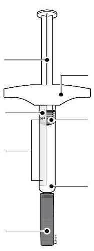 Siringa preriempita trasparente con stantuffo grigio e ago nero, indicazioni di dosaggio su scala graduata laterale