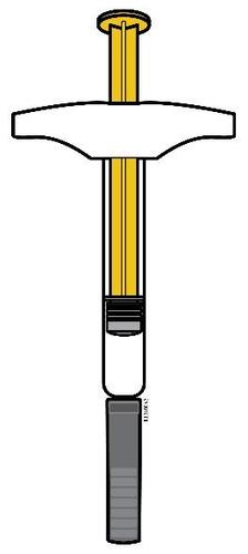 Siringa preriempita con stantuffo giallo e ago protetto da cappuccio nero, indicazione di dosaggio in unità