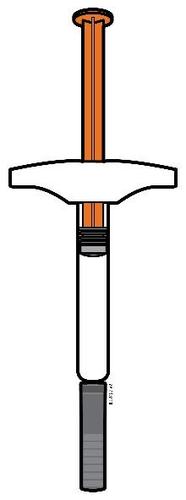 Siringa preriempita con stantuffo retratto e ago protetto da cappuccio di sicurezza trasparente