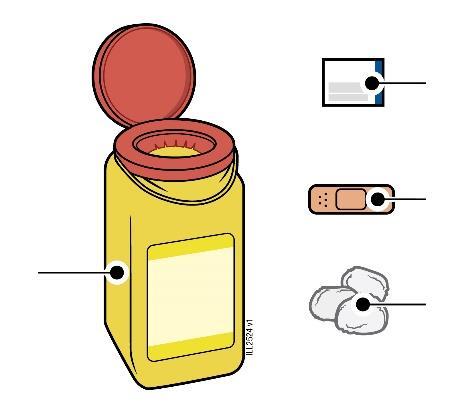 Vasetto giallo aperto con etichetta bianca, tampone di cotone, cerotto e blister rettangolare con pastiglie