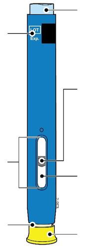 Penna iniettabile blu con indicatore di dosaggio e cappuccio giallo, frecce che puntano a parti specifiche
