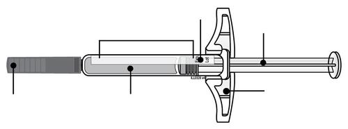 Siringa pre-riempita con stantuffo retratto e ago protetto da cappuccio, evidenziate le componenti principali con linee e punti neri
