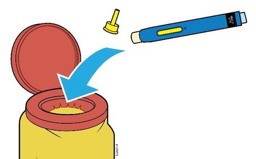 Penna per insulina blu con ago giallo sopra un tappo rosso aperto e una freccia blu che indica la direzione