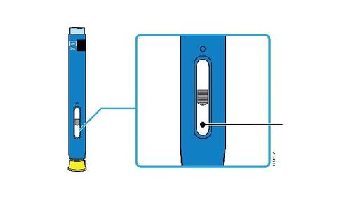 Penna iniettabile blu con indicatore di dose e meccanismo di rilascio evidenziato da una freccia