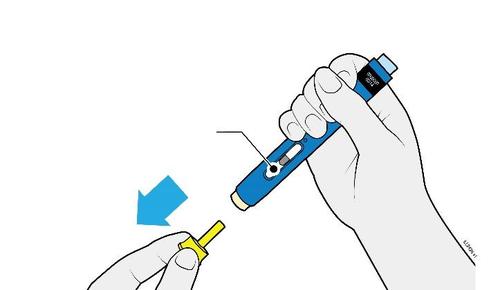 Penna iniettabile blu con ago giallo, frecce blu indicano il movimento di inserimento e rimozione dell