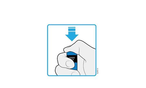 Mano che tiene una penna pre-riempita blu con una freccia blu rivolta verso il basso sopra di essa