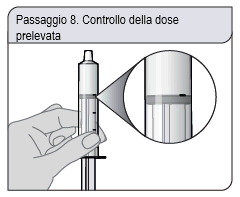 Mano che tiene una penna per insulina con ago trasparente e ingrandimento sulla scala graduata per il controllo della dose