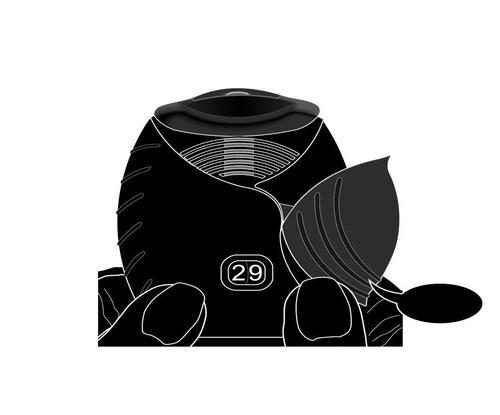 Dispositivo inalatorio nero con bocchino aperto tenuto da mani stilizzate numero 29 in evidenza