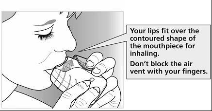 Profilo di una donna che utilizza un inalatore, le labbra aderiscono al boccaglio e le dita lo tengono saldamente