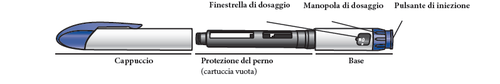 Penna per iniezione con cappuccio blu, protezione del perno e base indicati, con cartuccia vuota all