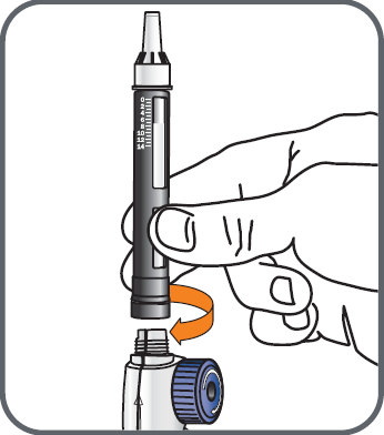 Penna iniettabile con ago avvitato su flacone medicinale, mano che ruota il dispositivo arancione