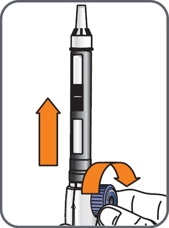 Dispositivo autoiniettante grigio e arancione con freccia direzionale verso l
