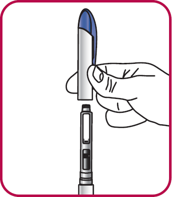 Penna iniettabile con ago protettivo blu e mano che preme il pulsante di rilascio del farmaco