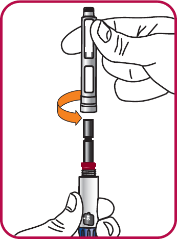 Penna iniettabile con ago avvitato e freccia che indica la rotazione per il montaggio corretto