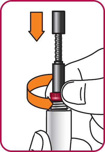 Penna iniettabile con ago rivolto verso il basso e mano che la tiene per l