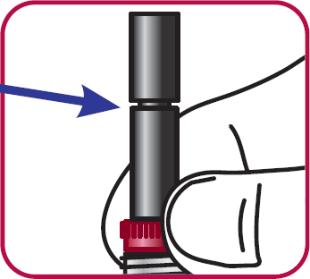Siringa preriempita con stantuffo nero e ago rosso, tenuta da una mano stilizzata con freccia blu che indica il punto di iniezione