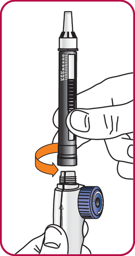 Mano che ruota un dispositivo penna iniettabile con scala graduata su un ago collegato a un altro dispositivo blu