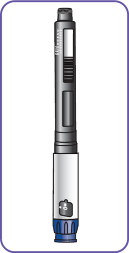 Penna per iniezione automatica con corpo grigio e blu, numeri e indicatori bianchi, pulsante nero e meccanismo di dosaggio visibile