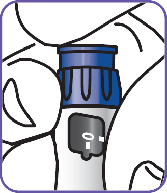 Dispositivo autoiniettante blu e nero con finestra di visualizzazione e dito che preme il pulsante di attivazione