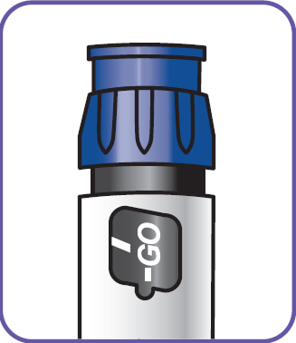Fiala di medicinale con tappo blu a rilievo e indicatore nero con scritta bianca &ldquo;GO&rdquo; su sfondo nero