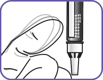 Mano che tiene un dispositivo iniettore con scala graduata e ago trasparente pronto per l