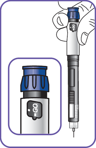 Penna per iniezione blu e grigia tenuta da una mano, con ago visibile e indicatore GO evidenziato