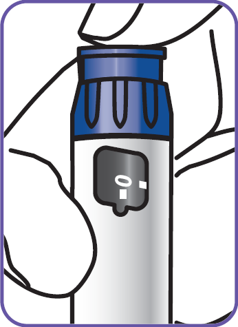 Dispositivo autoiniettante blu e bianco tenuto da una mano stilizzata con schermo nero visualizzante un simbolo