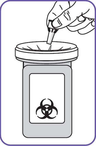 Siringa con ago che perfora il tappo di un contenitore per rifiuti speciali con simbolo di rischio biologico