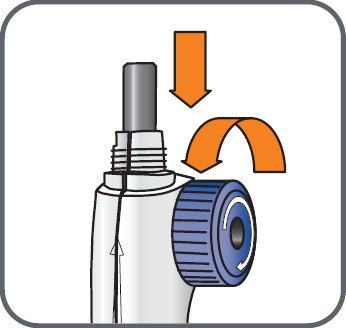 Dispositivo medico con stantuffo grigio e cappuccio blu, freccia arancione indica la direzione di estrazione