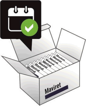 Scatola di cartone aperta con diverse confezioni di Maviret all