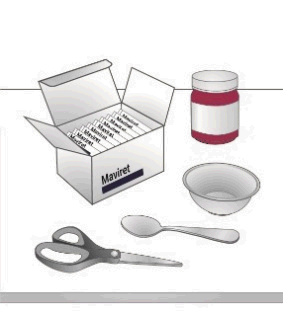 Scatola aperta con blister di compresse Maviret, barattolo rosso, ciotola, forbici e cucchiaino su superficie bianca