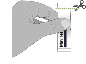 Mano che apre una bustina bianca con la scritta Maviret e un paio di forbici che tagliano la bustina stessa