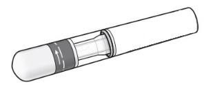 Penna precompilata con stantuffo visibile e area di presa marcata da linee oblique